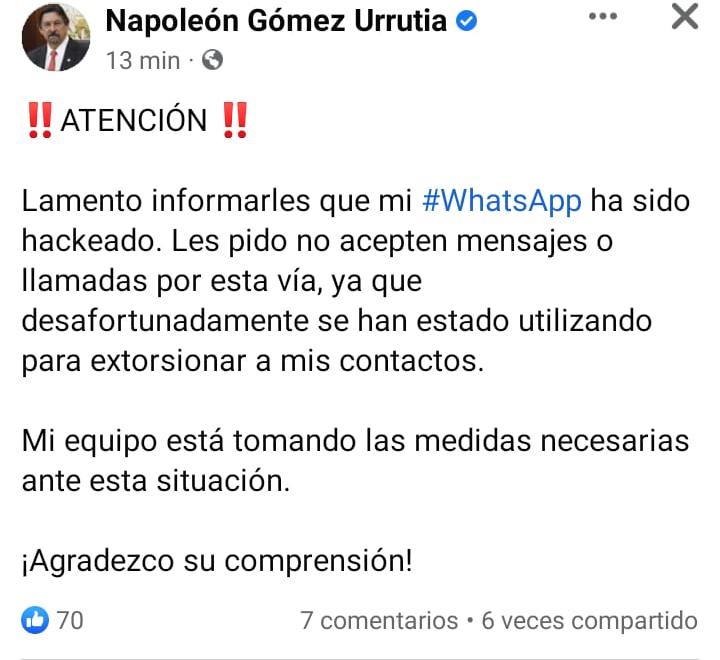Hackers sabotean cuenta de Whats App de Napoleón Gómez Urrutia