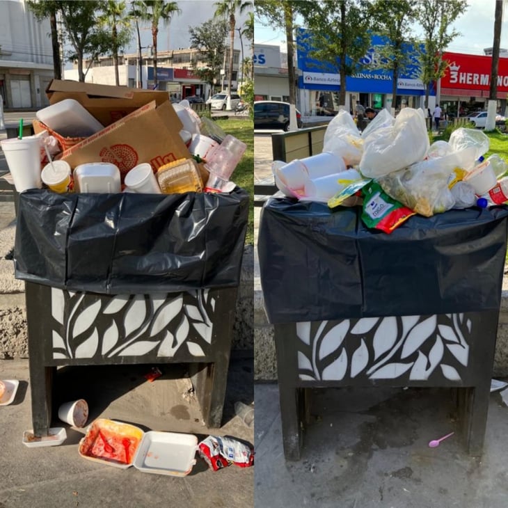 Ciudadanos de Monclova, reportan basureros llenos en plaza principal