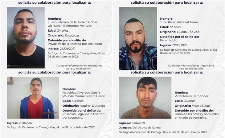 SSP emiten fichas de búsqueda de 7 reos que se fugaron del penal en Zacatecas