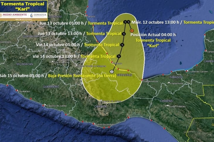 Tormenta tropical 'Karl' provocará lluvias intensas en Veracruz y Puebla