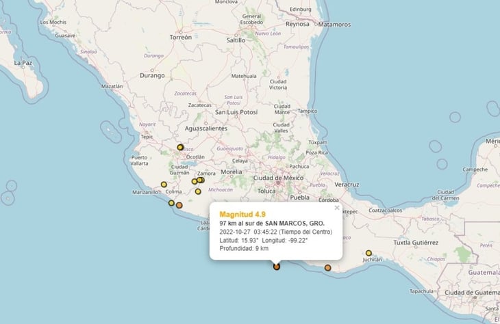 Reportan sismo de 4.9 grados con epicentro al sur de San Marcos, Guerrero