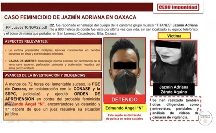 Destaca SSPC detención del presunto feminicida de Jazmín Adriana Zárate