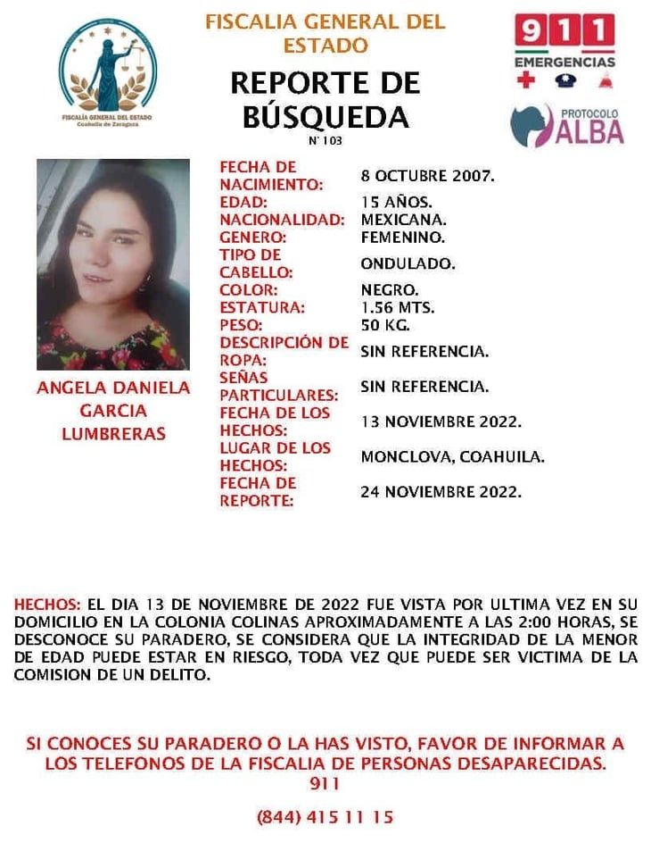 Jovencita de 15 años desaparece en Monclova y activan Protocolo Alba