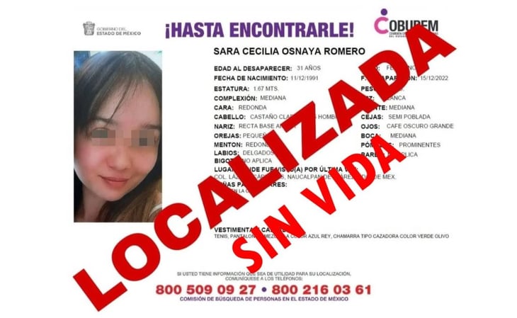 Hallan sin vida a Sara Cecilia Osnaya, desaparecida desde hace 5 días en Naucalpan