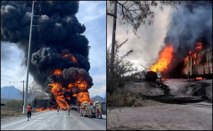 Pipa con diésel se incendia tras ser impactada por un tren en Nuevo León