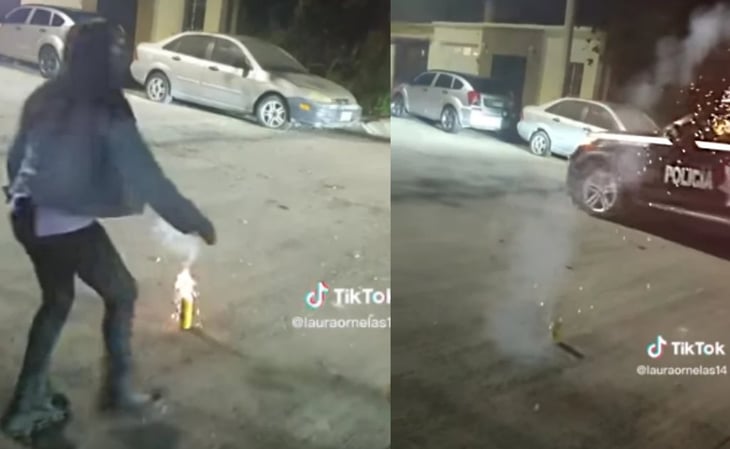 VIDEO ¿Qué podría salir mal? Mujer prende cohete y cae sobre patrulla en Hermosillo