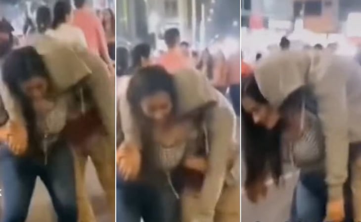 Mujer carga a su novio ebrio en su espalda y lo lleva a casa