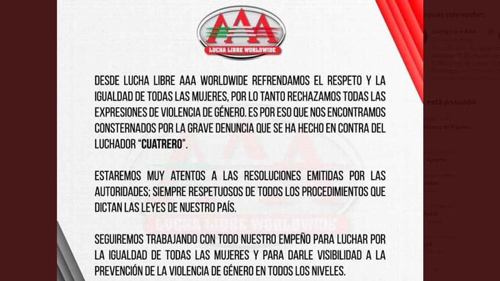Lucha Libre AAA 'consternada' por denuncia a Cuatrero; estará atenta a resolución