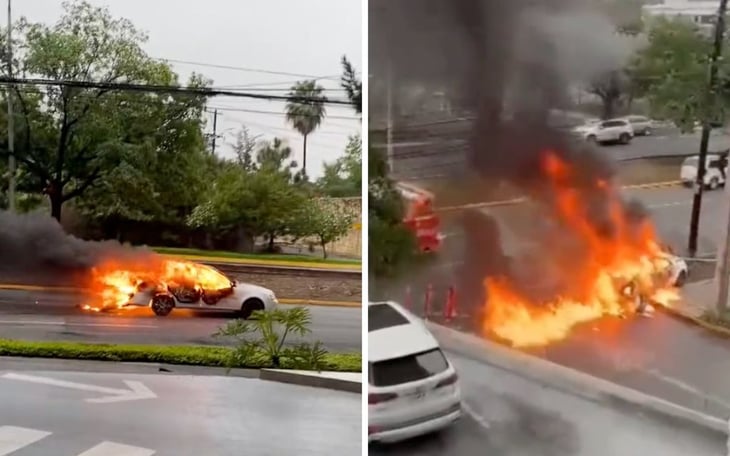 VIDEO: Auto en llamas circula por avenida de Nuevo León