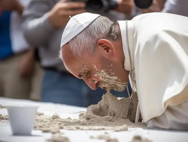 Una IA genera fotos de un concurso de comer cemento entre celebridades. Gana el Papa Francisco