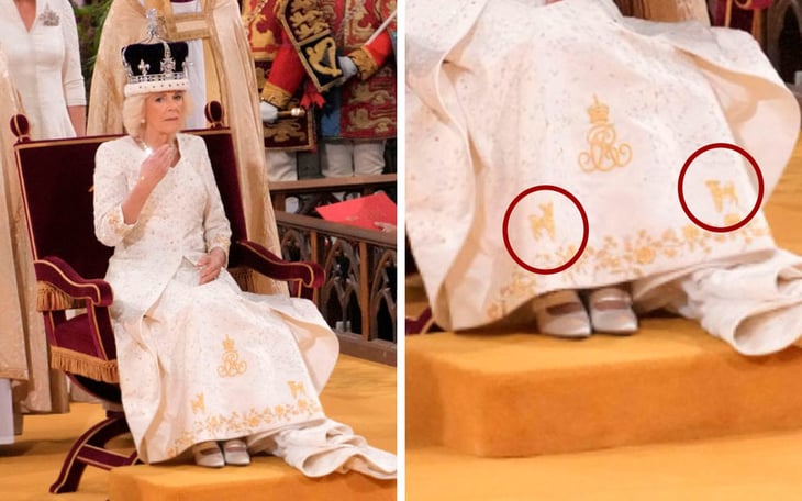 Los corgis de Isabel II aparecen bordados en el vestido de la reina Camila