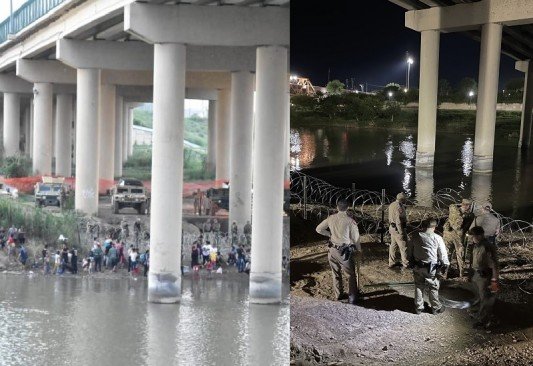 Con alambre de púas impiden acceso a grupo de migrantes bajo el puente Dos de Texas