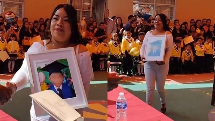 Madre asiste a graduación del kínder de su hijo fallecido cargando su foto