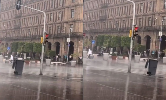Tras tinaco en Guadalajara, surge bote de basura que 'corre' ante lluvia en Zócalo de CDMX