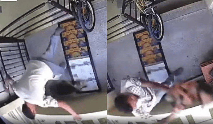 Captan a hombre golpeando a lomito y lo arroja fuera de un edificio en Puebla, VIDEO