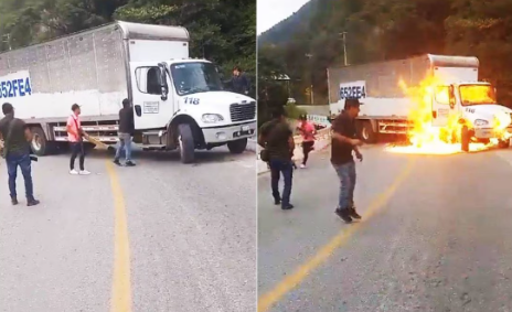 VIDEO: Sujetos armados queman tráiler para exigir la liberación de la profesora Berni, 'levantada' en Chiapas
