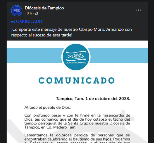 Obispo de Tampico emite comunicado oficial tras derrumbe de iglesia en Madero
