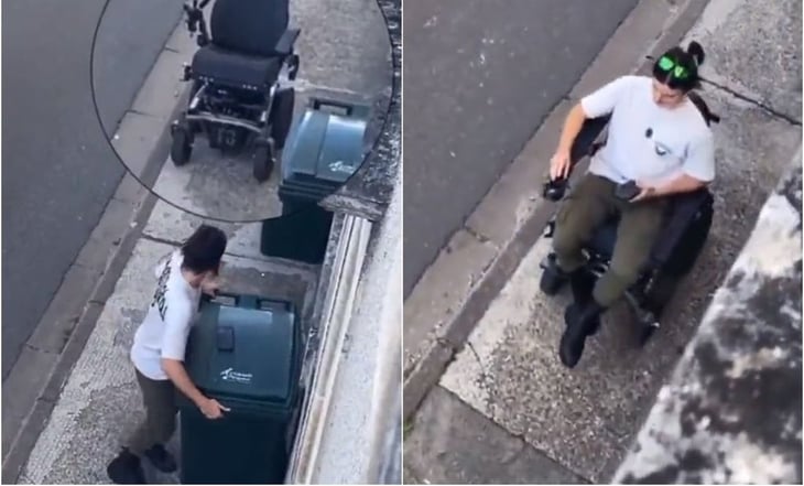 Joven con supuesta discapacidad se levanta de silla de ruedas para quitar contenedor de basura