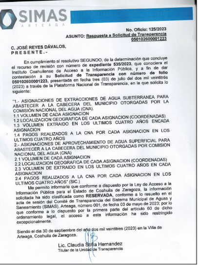 La información sobre la extracción de agua en Arteaga está clasificada como 'confidencial'
