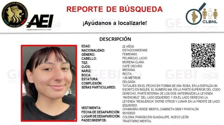 Se busca joven estadounidense desaparecida en Guadalupe, Nuevo León 