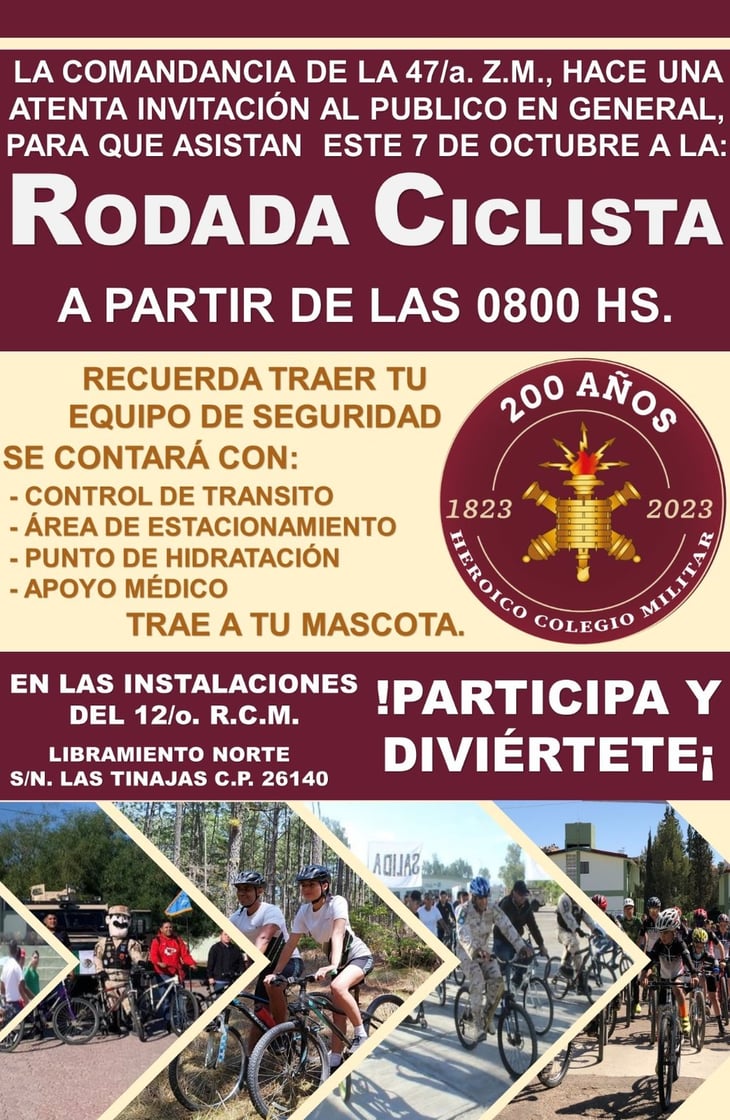 La 47 Zona Militar invita a la ciudadanía a que asistan a la rodada ciclista hoy domingo