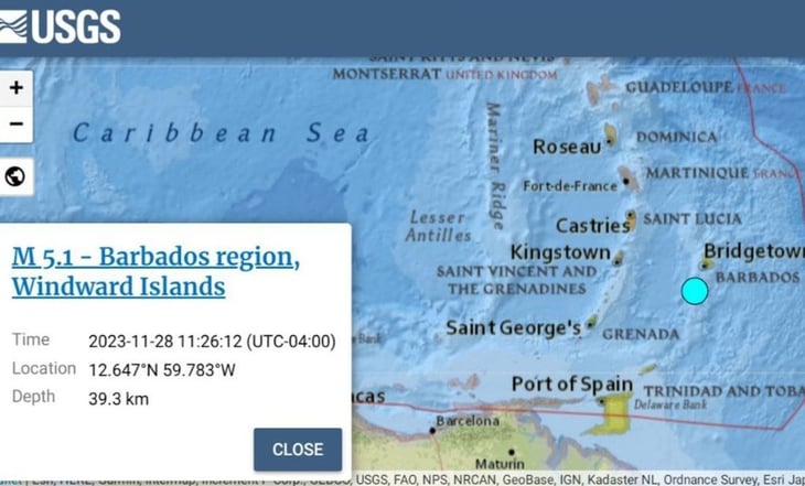 Reportan sismo de 5.1 al sur-suroeste de Barbados