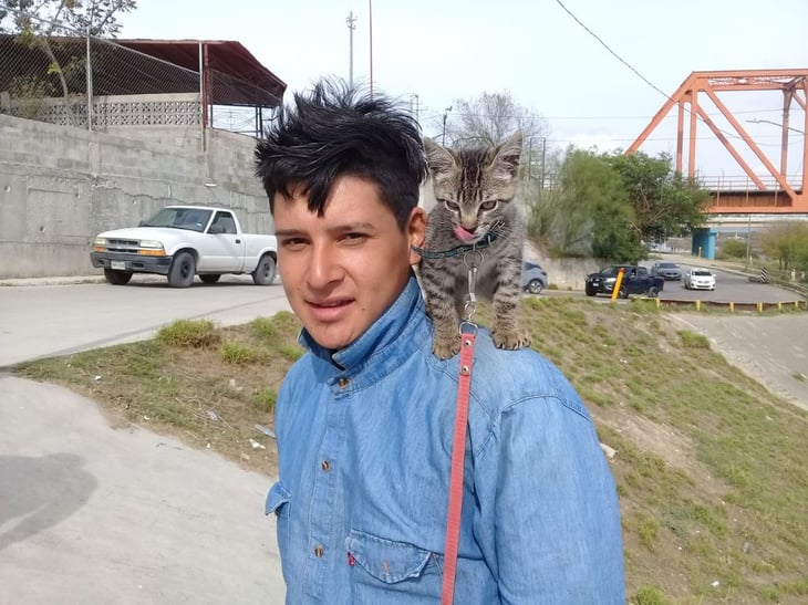 Santiago recorre su tránsito junto a Cimba, un gatito que encontró en Colombia