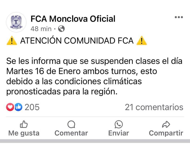 Universidad cancela sus clases por el intenso frío pronosticado para mañana en Monclova