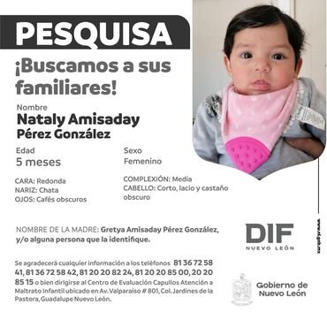 Piden ayuda para encontrar a familiares de bebé de 5 meses en Nuevo León 