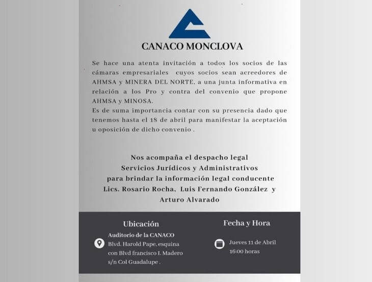 Abogados convocan a plática informativa de acreedores en Canaco