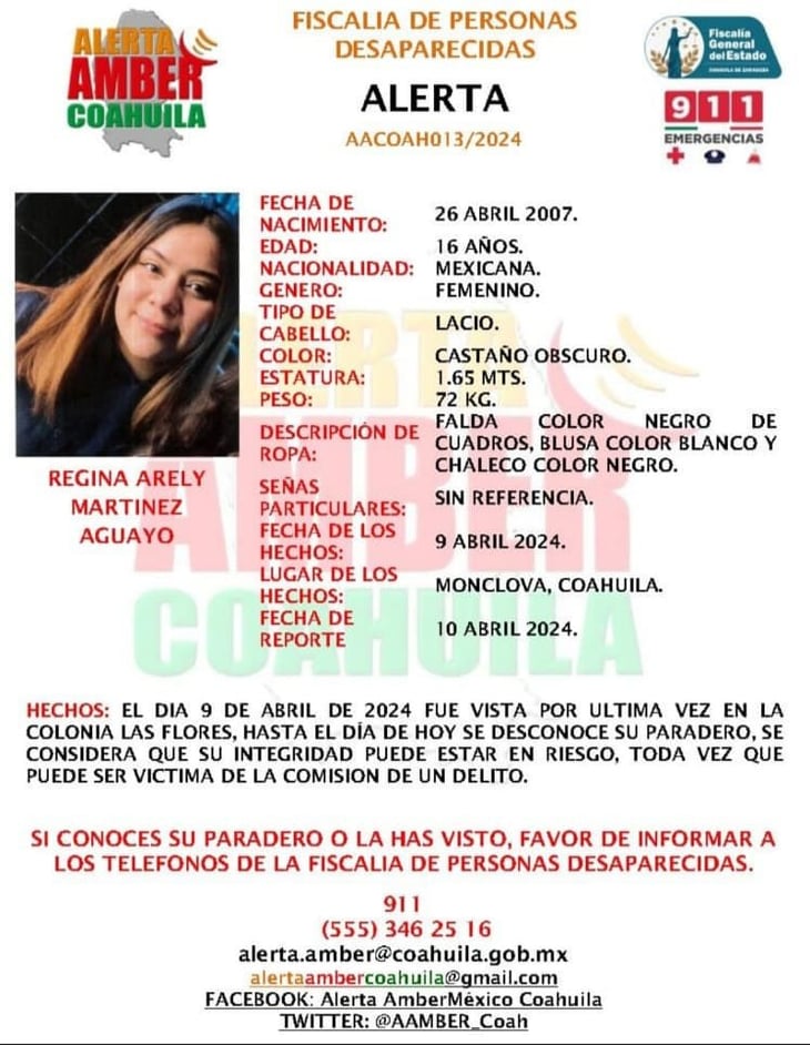 Fiscalía lanza Alerta Amber por desaparición de Regina Arely Martínez Aguayo