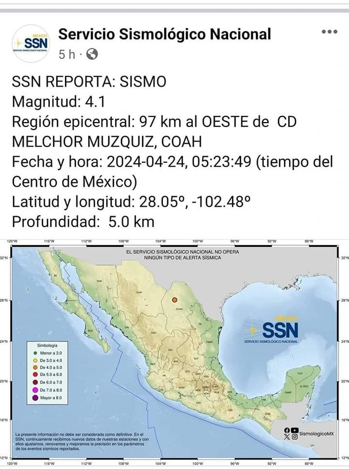 Sismológico Nacional reporta sismo en Múzquiz