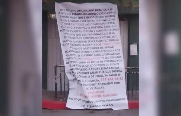 Aparecen narcomantas en Morelos con amenazas electorales 