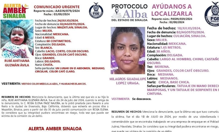 Emiten alertas de búsqueda para bebé y mujer de 30 años