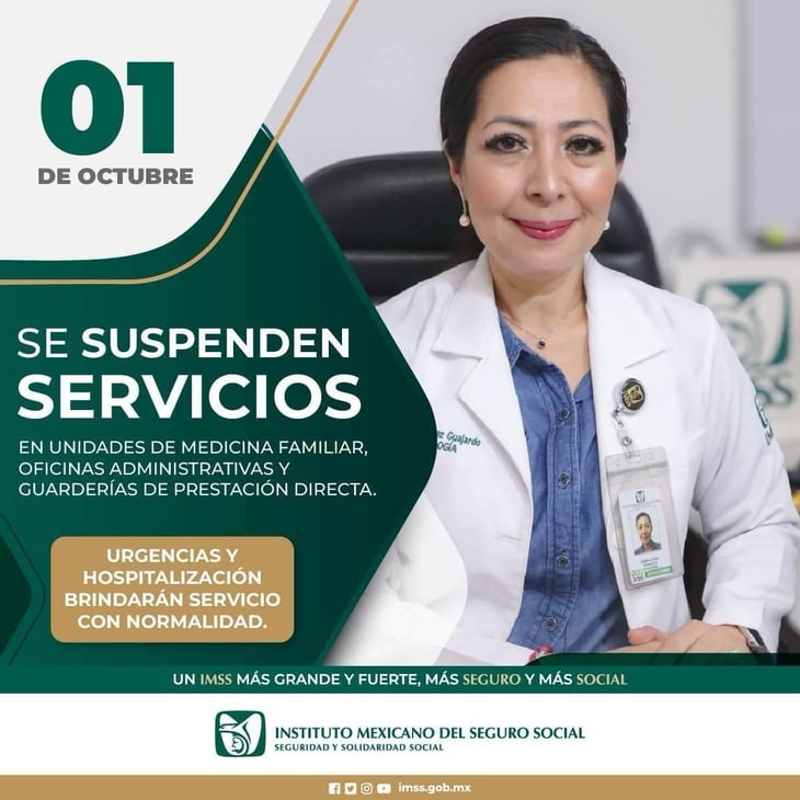 IMSS solo tendrá servicio de urgencia y hospitalización este 01 de octubre