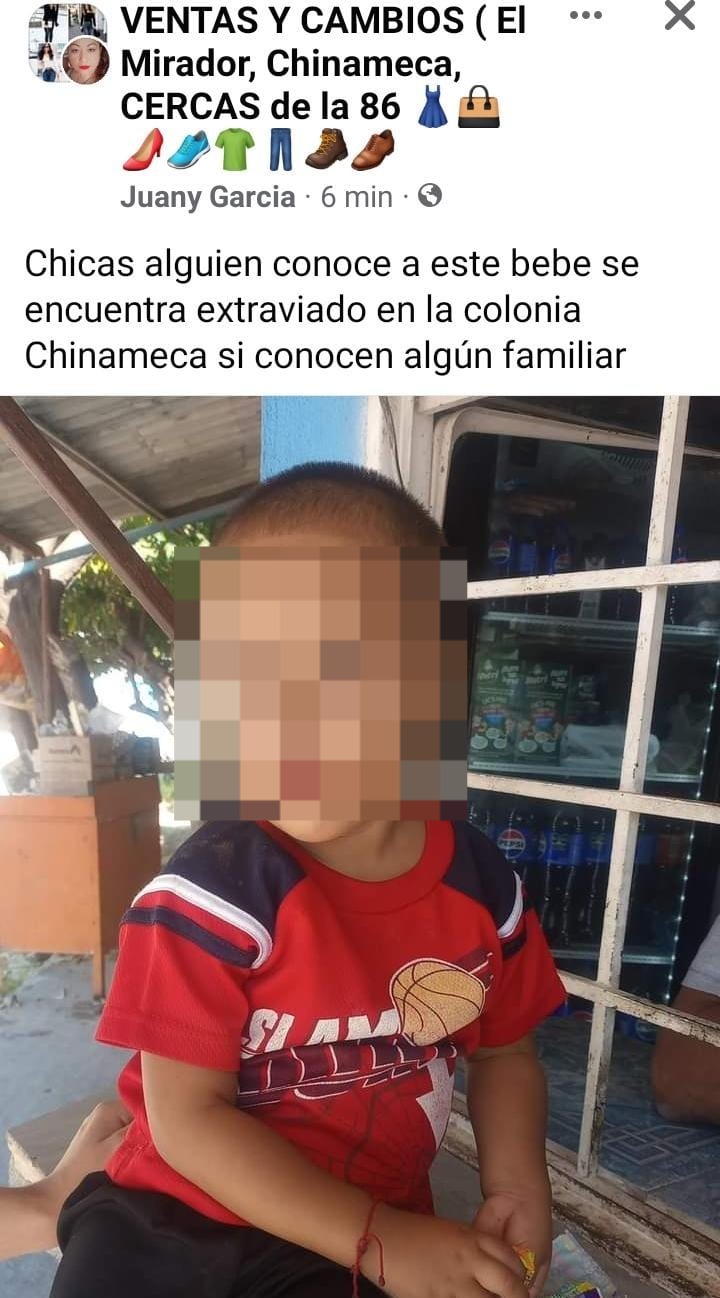 En Facebook reportan niño vagando por la Chinameca y buscan a familiares 