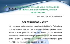 SIMAS está comprometido en resolver la situación rápidamente   SIMAS informa a la ciudadanía de la Región Carbonífera que, debido a un desperfecto en la línea