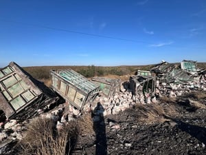 Un tráiler cargado con gallinas volcó la mañana de este martes sobre la carretera federal 57, en el tramo Allende–Nueva Rosita, sin que se reportaran personas
