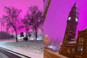 Un inusual cielo rosa iluminó Birmingham durante una nevada; el fenómeno fue causado por las luces LED del estadio de fútbol local.  La noche del jueves