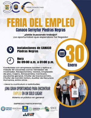   La Cámara Nacional de Comercio, Servicios y Turismo (CANACO) de Piedras Negras anunció la realización de su primera Feria del Empleo 2026, la cual se llevará