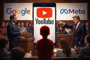  Un abogado de demandante acusó a Google y a Meta, matriz de Facebook e Instagram, de 'volver adictos los cerebros de los niños'.  La defensa de Google sostuvo