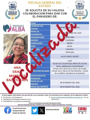 Familiares informaron que Ana Erika Martínez ya fue localizada; autoridades investigarán dónde estuvo y su estado.  La mañana de este viernes, familiares