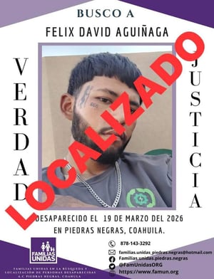   Piedras Negras, Coahuila.– Luego de haber sido reportados como desaparecidos, Héctor Alexis Barrios Paredes y Félix David Aguiñaga fueron localizados