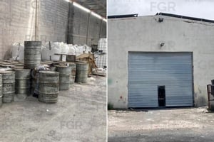 Autoridades federales aseguraron un narcolaboratorio en Escobedo, Nuevo León, donde localizaron cientos de tambos con químicos y diversos materiales