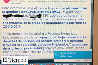 Reconoce AHMSA  caso sospechoso  de COVID-19