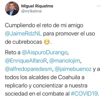 Convoca Riquelme a Paredes  para el uso del cubrebocas 