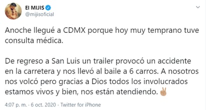 'El Mijis' sufre fuerte accidente; ocurre en la carretera San Luis-Querétaro: En su cuenta de Twitter, El Mijis agradece que todos los involucrados están vivos y bien.