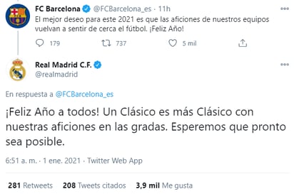 Barcelona y Real Madrid se felicitan el año en Twitter