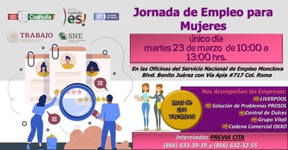 Ofertará el SNE 250 vacantes exclusivamente para mujeres en Monclova