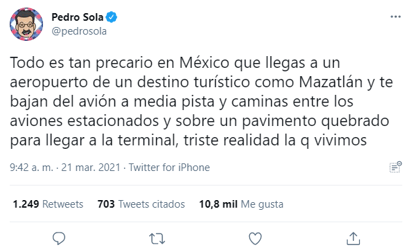 Critican a Pedro Sola por hablar de la precariedad en aeropuerto de Mazatlán: Al parecer, Sola viajó a Mazatlán, Sinaloa, en donde pasó un momento que no le agradó.